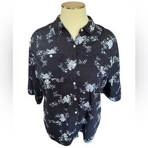 Croft & Barrow Women's Cotton Navy Blue Floral Bird Print Blouse Plus Size 1X